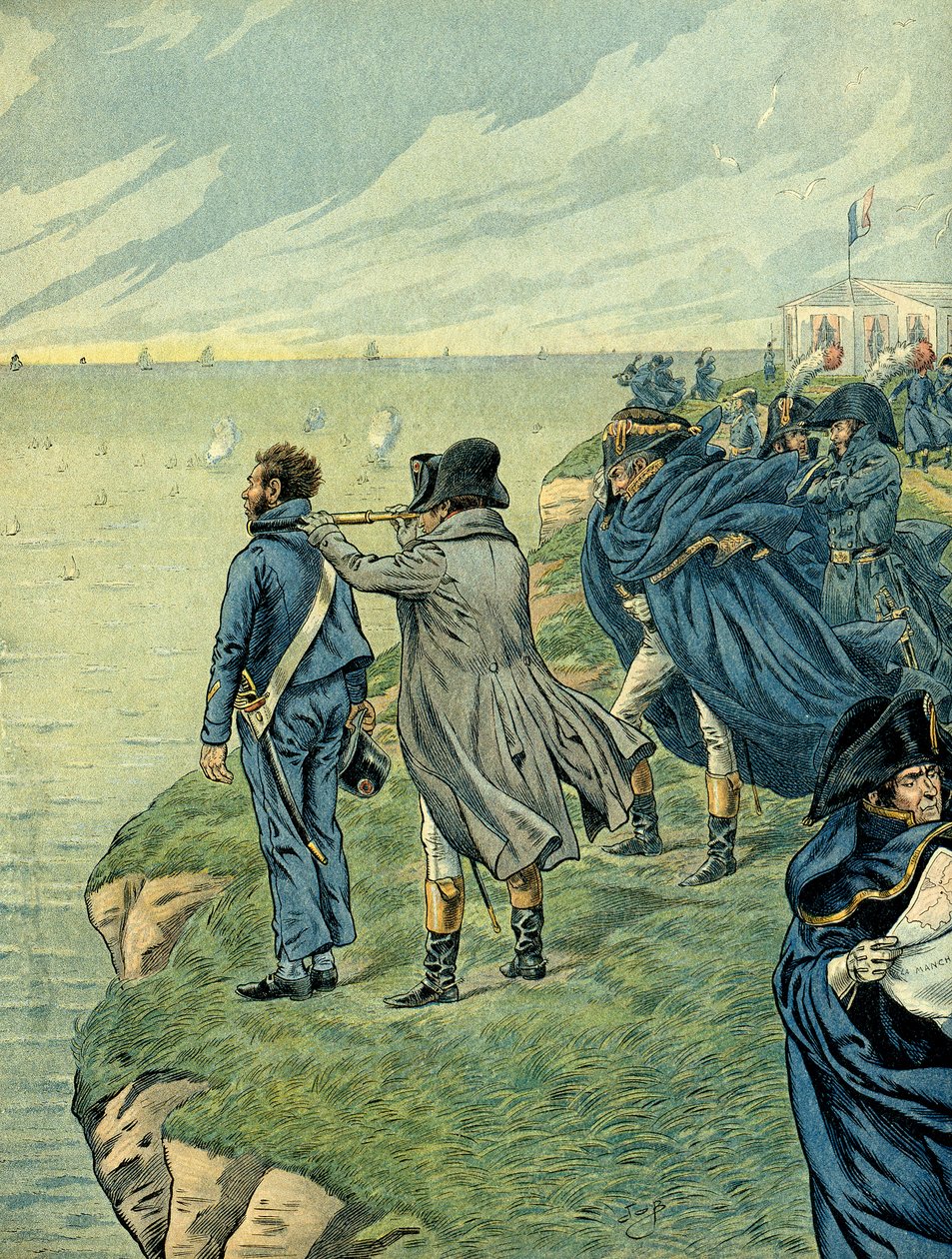 Napoleon I Bonaparte (1769-1821) odwiedził arsenał obozu Boulogne w lipcu 1804 r. Ilustracja Jacques Marie Gaston Onfray de Breville dit JOB (1858-1931). Prywatna kolekcja autorstwa pseudonym for Onfray de Breville Jacques Job