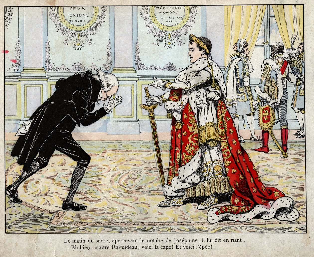 Napoleon i notariusz Raguideau, poranek koronacji 1804 - litografia Hioba (Jacques Onfroy de Breville) z „”Le Grand Napoleon des Petites Enfants””” 1893 autorstwa pseudonym for Onfray de Breville Jacques Job