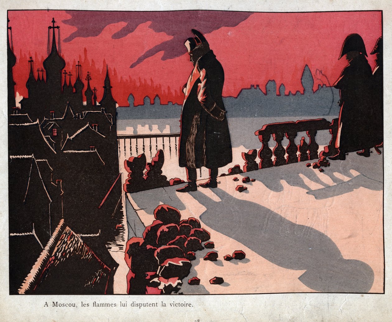 Napoleon kontempluje ogień Moskwy - Patrzy na płonącą Moskwę (15-16 września 1812) - - litografia Hioba (Jacques Onfroy de Breville) z „”Le Grand Napoleon des Petites Enfants””” 1893 autorstwa pseudonym for Onfray de Breville Jacques Job