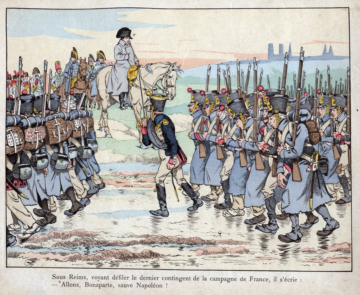 Napoleon patrzy na ostatni kontyngent armii na francuskiej wsi w pobliżu Reims, 16 marca autorstwa pseudonym for Onfray de Breville Jacques Job