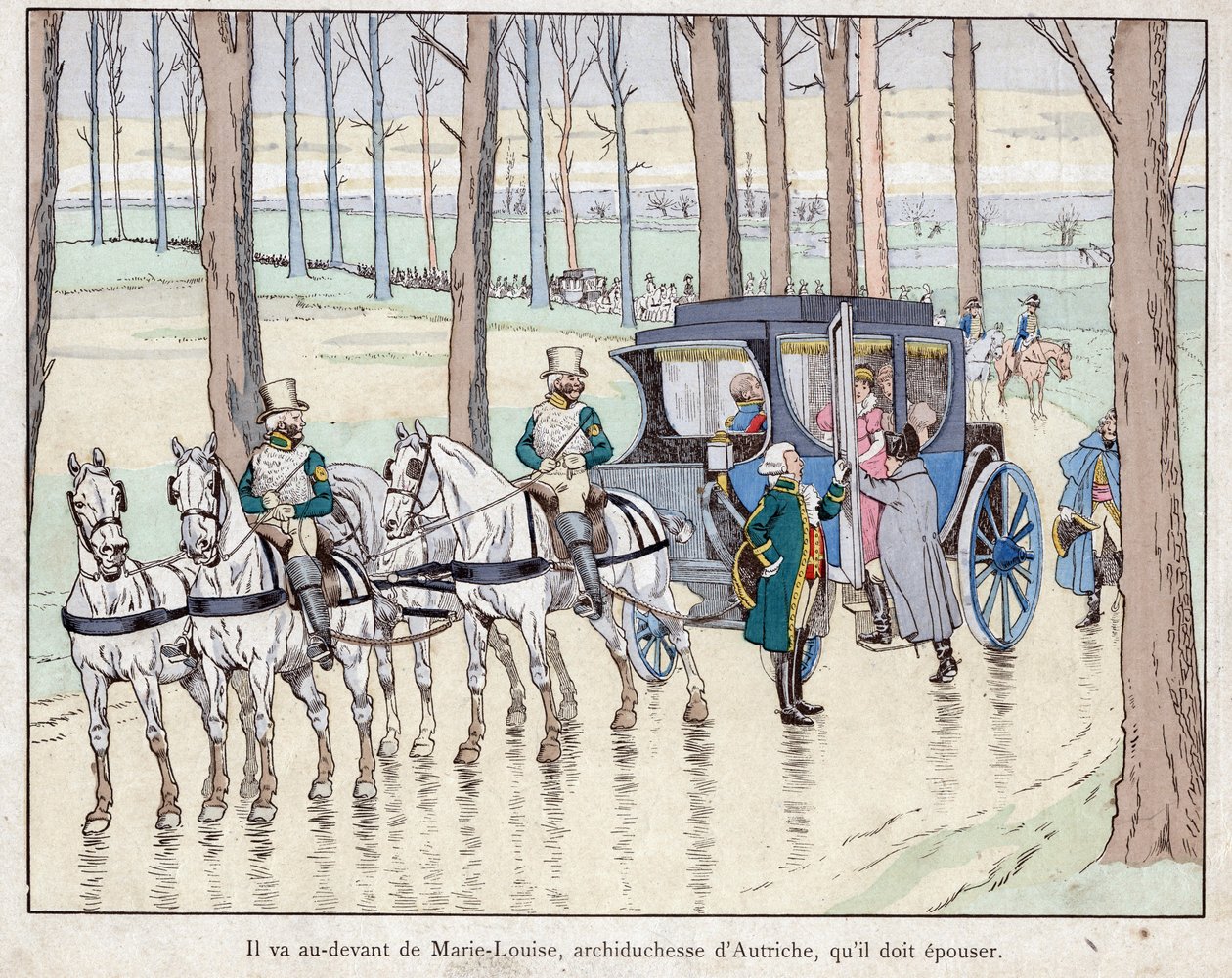 Spotkanie Napoleona z arcyksiężną Marie-Louise Austrii - 1810 - litografia autorstwa Joba (Jacques Onfroy de Breville) z „”Le Grand Napoleon des Petites Enfants””” 1893 autorstwa pseudonym for Onfray de Breville Jacques Job