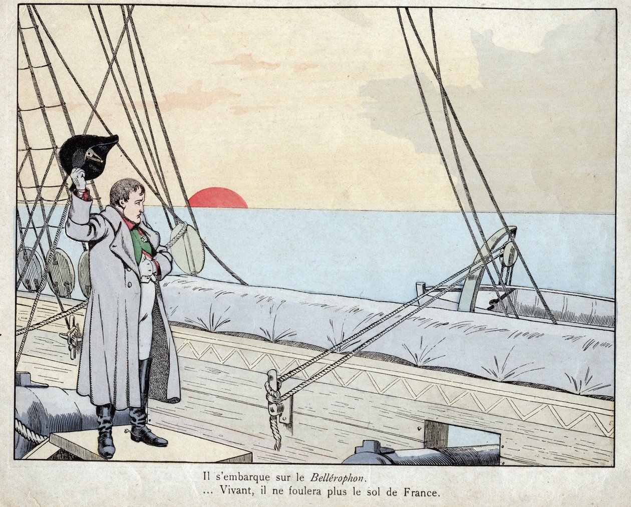 Napoleon na pokładzie HMS Bellerophon 1815 - litografia Joba (Jacques Onfroy de Breville) z „”Le Grand Napoleon des Petites Enfants””” 1893 autorstwa pseudonym for Onfray de Breville Jacques Job