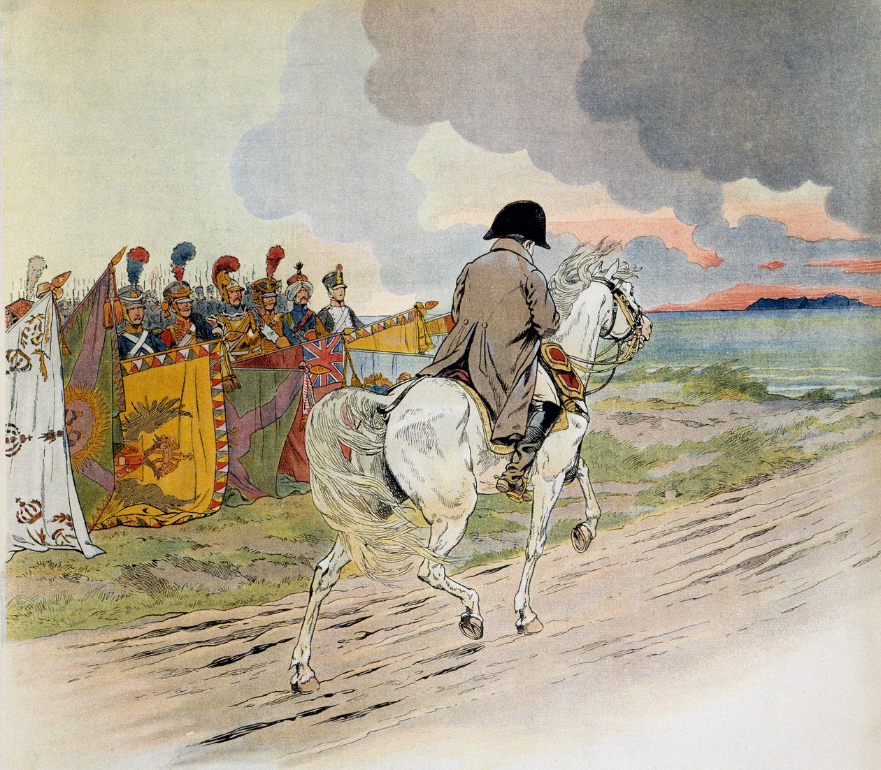 Napoleon przejeżdżający konno przed swoimi oddziałami, gdy wyjeżdżał na wygnanie na wyspie Elba. Ilustracja Jacques Marie Gaston Onfray de Breville dit JOB (1858-1931). Prywatna kolekcja autorstwa pseudonym for Onfray de Breville Jacques Job