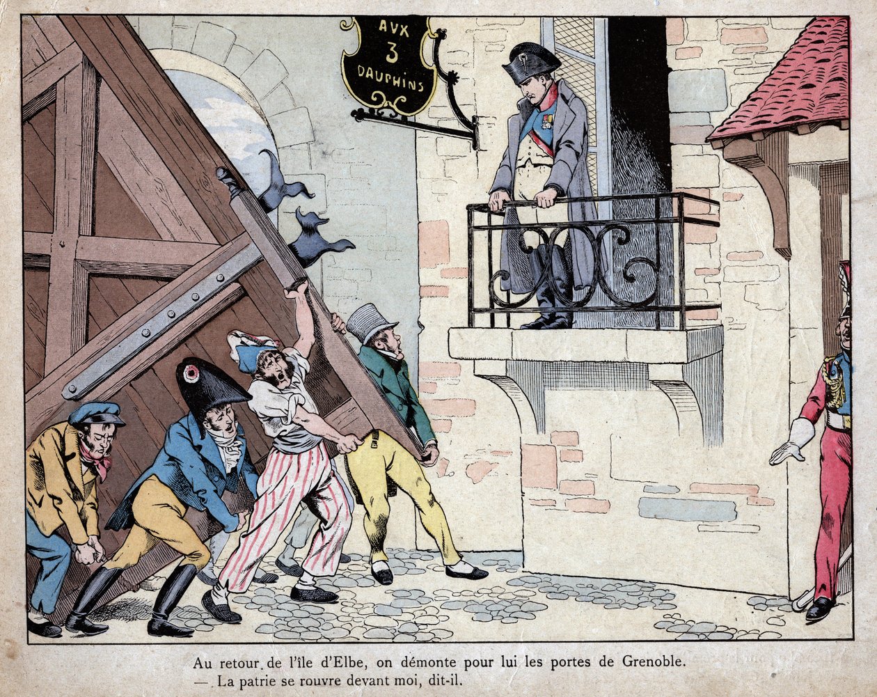 Napoleon zbierający swoich żołnierzy do Grenoble po powrocie z wyspy Elba - Miasto Grenoble otwiera swoje bramy dla Napoleona po powrocie z wygnania na Elbie, 7 marca 1815 - litografia Joba (Jacques Onfroy de Breville) z „” Le Grand Napoleon des Petit autorstwa pseudonym for Onfray de Breville Jacques Job