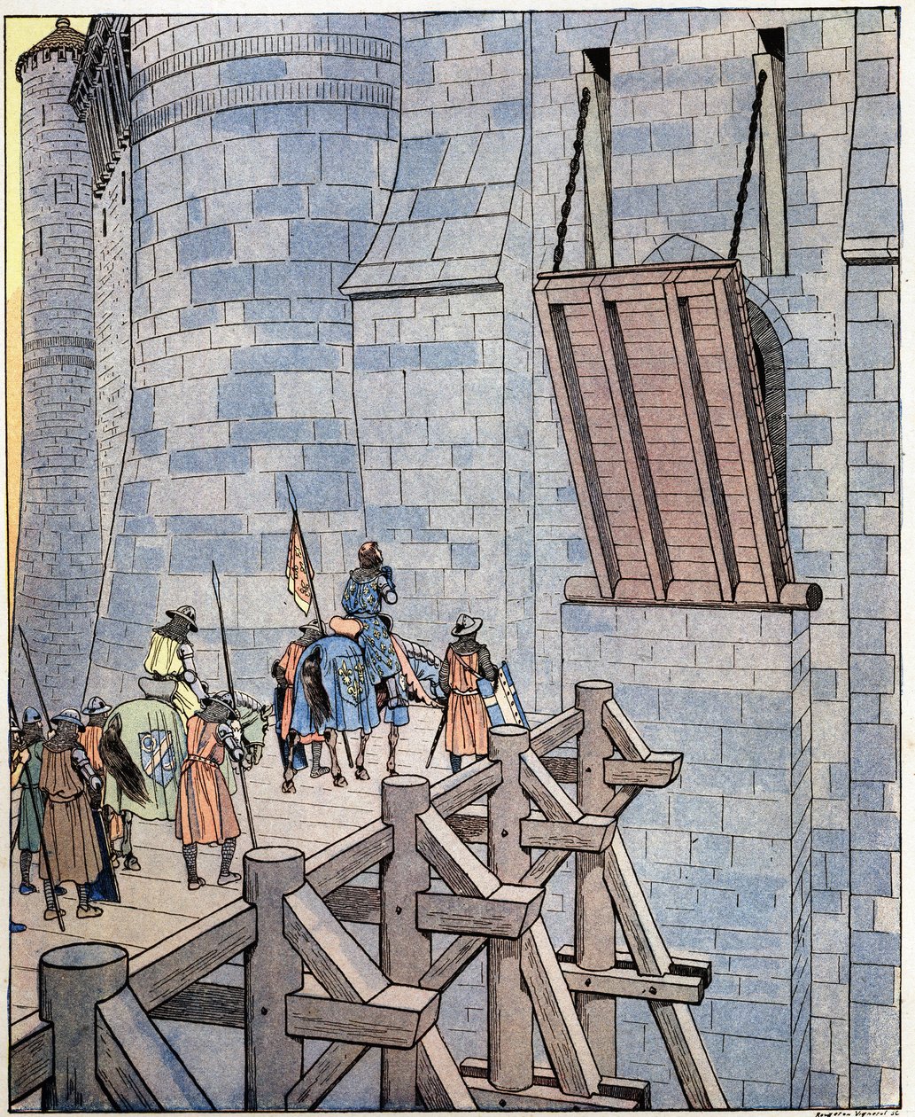 Otwórz się, to fortuna Francji! (lub „Otwarte, to nieszczęście król Francji!”) Słowa króla Francji Filipa VI dit Philippe de Valois (1293-1350) docierają przed most Levisa w Chateau de Broye niedaleko Crecy. Został ranny w Battl autorstwa pseudonym for Onfray de Breville Jacques Job