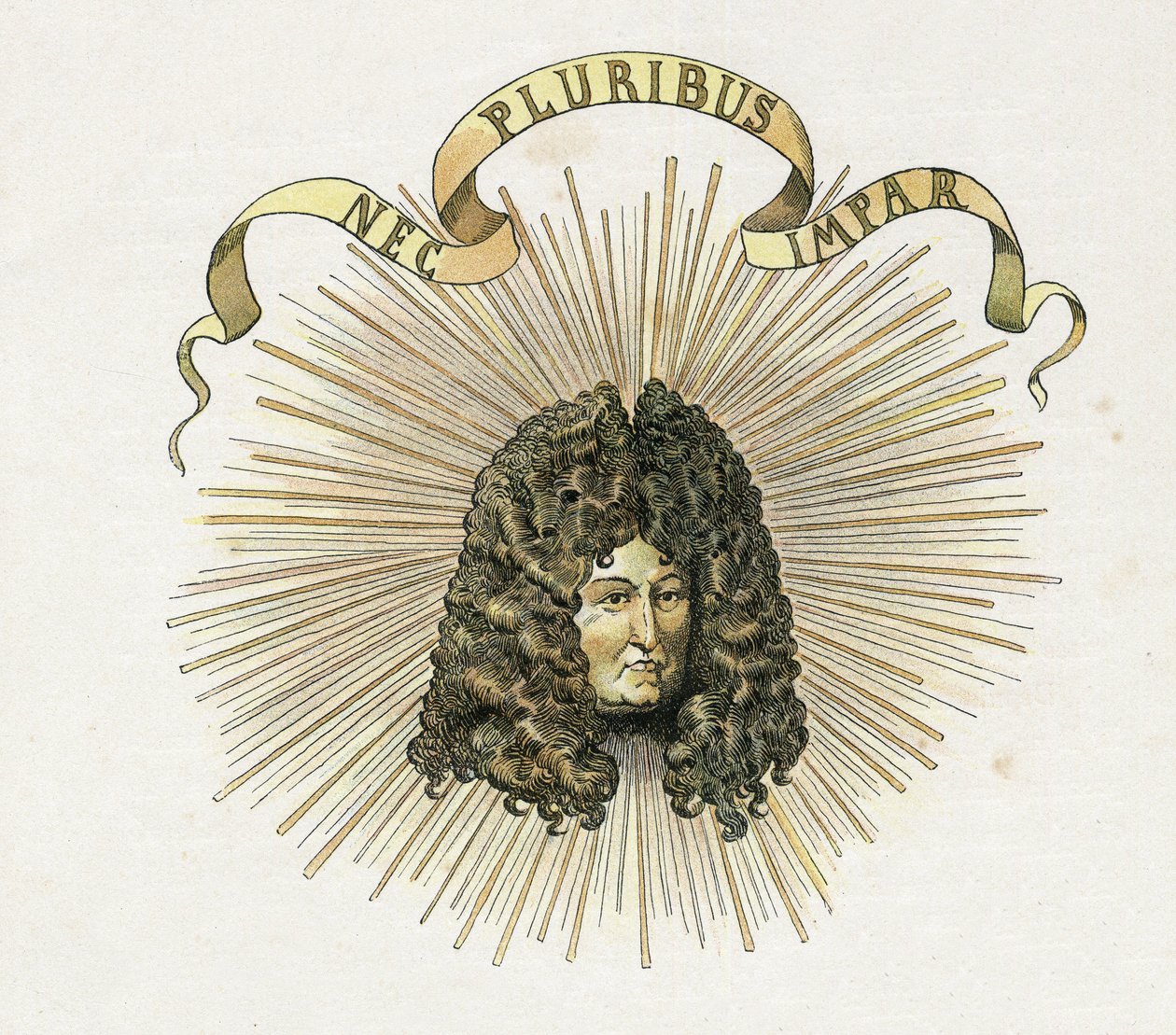 Portret króla Ludwika XIV (1638-1715) z jego dewizą po łacinie „Nec pluribus impar” (żadnego innego podobnego). w „”Francja, jego historia opowiedziana przez G. Montorgueila, imagee by Job”” 1896. Zbiory prywatne. autorstwa pseudonym for Onfray de Breville Jacques Job
