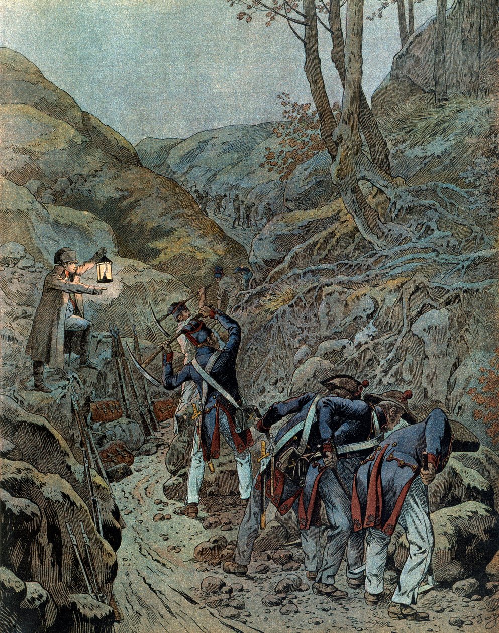 Kampania pruska (1806): wojska pracowały nad poszerzeniem przejścia dla armat u podnóża góry Iena w przeddzień bitwy (która wybuchła 14 października autorstwa pseudonym for Onfray de Breville Jacques Job