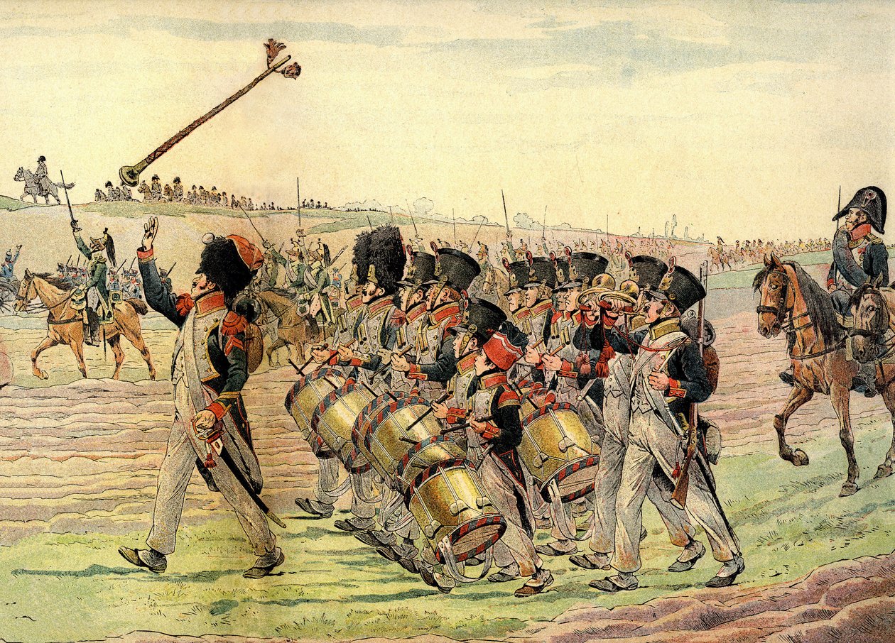 Pułk armii napoleońskiej maszerujący do bitwy przy dźwiękach muzyki, ok. 1900 (druk) autorstwa pseudonym for Onfray de Breville Jacques Job