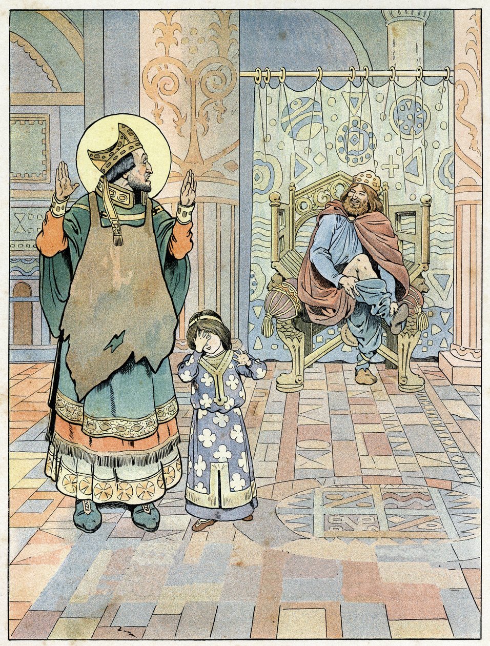 Saint Eloi (v.588-659) wskazuje królowi Francji Dagobertowi I (602 lub 605-638 lub 639), że jego spodnie były odwrócone do góry nogami (majtki do góry nogami). w „Francja, jego historia opowiedziana przez G. Montorgueila, imagee by Job” 1896. Zbiory prywat autorstwa pseudonym for Onfray de Breville Jacques Job