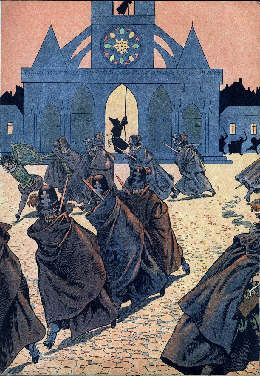 Scena historii Francji w zabawkach: La Saint Barthelemy (Saint-Barthelemy). Mnich dzwoni do kościoła Saint Germain l