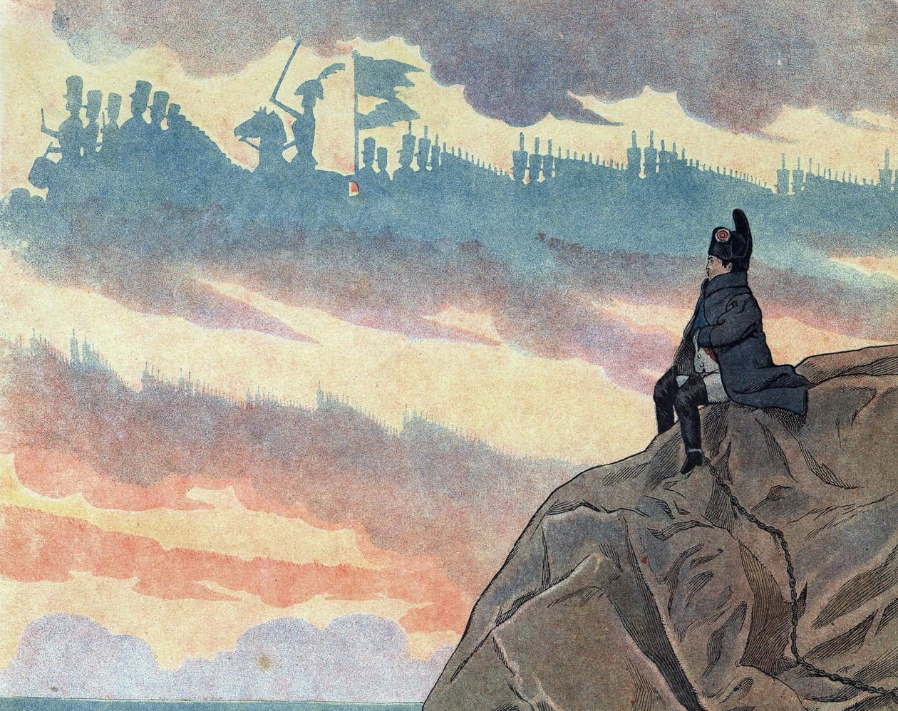 Scena historii Francji w zabawkach: Napoleon I Bonaparte (1769-1821) na wygnaniu na wyspie Świętej Heleny (Sainte-Helene) przedstawiony w postawie melancholii i samotności. szczegóły obrazu ReferenceCor5567. W „” Joujoux a l