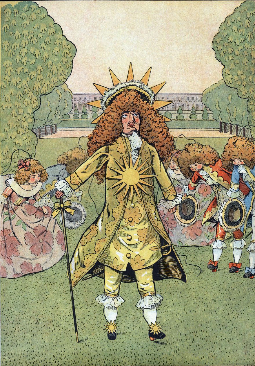 Scena z historii Francji w zabawkach: Portret króla Francji Ludwik XIV (1638-1715) odmówił Króla Słońce w ogrodach Wersalu, budząc cześć swoim dworem. W „” Joujoux a l