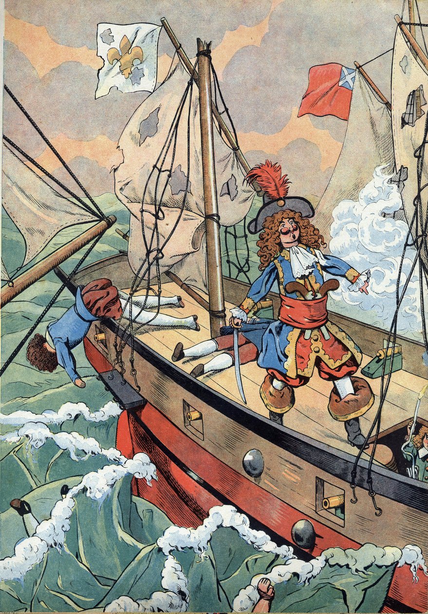 Scena z historii Francji w zabawkach: Francuski marynarz, kapitan korsarz Jean Bart (1650-1702) z synem gotowym do podpalenia prochu w przypadku kolizji. W „” Joujoux a l