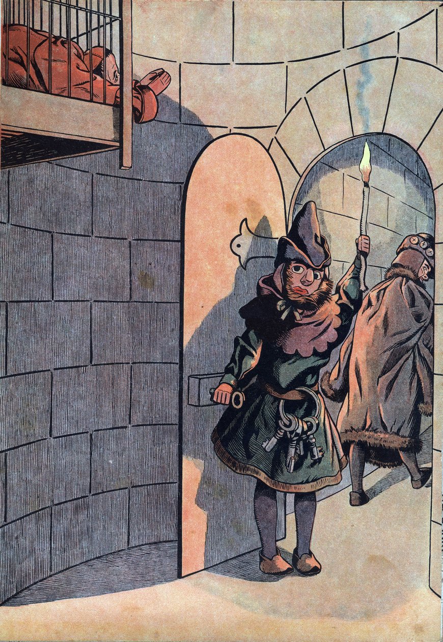 Scena z historii Francji w zabawkach: spisek przeciwko królowi Ludwikowi XI (1423-1483) z Charlesem Le Temeraire, Jean Balue (1421-1491) został zamknięty na 11 lat w jednej z żelaznych klatek króla Ludwika XI 23 kwietnia 1469 roku. „” Joujoux a l