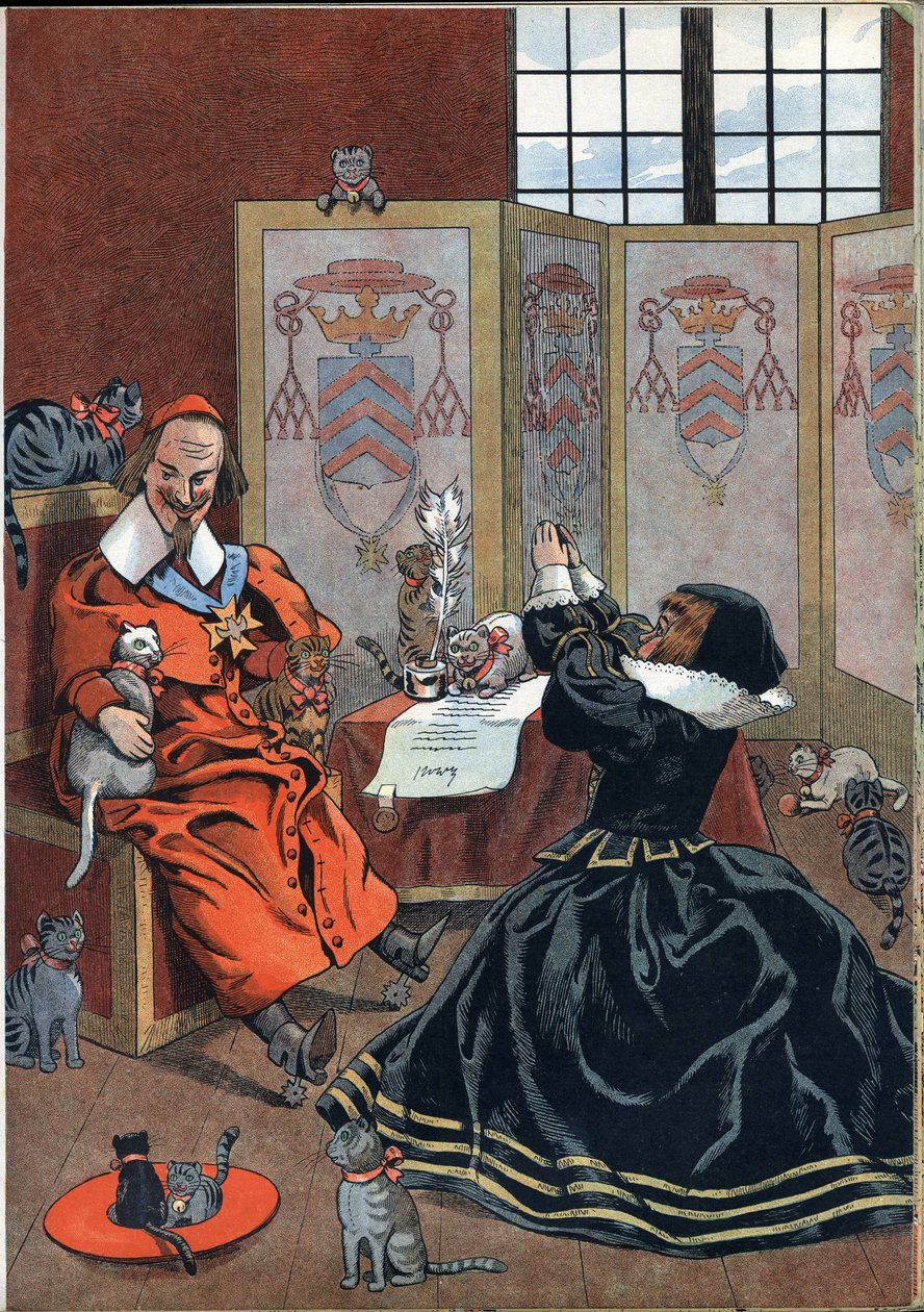 Scena historii Francji w zabawkach: kobieta błagająca o przebaczenie kardynała Richelieu (1585-1642) w otoczeniu kotów. W „” Joujoux a l