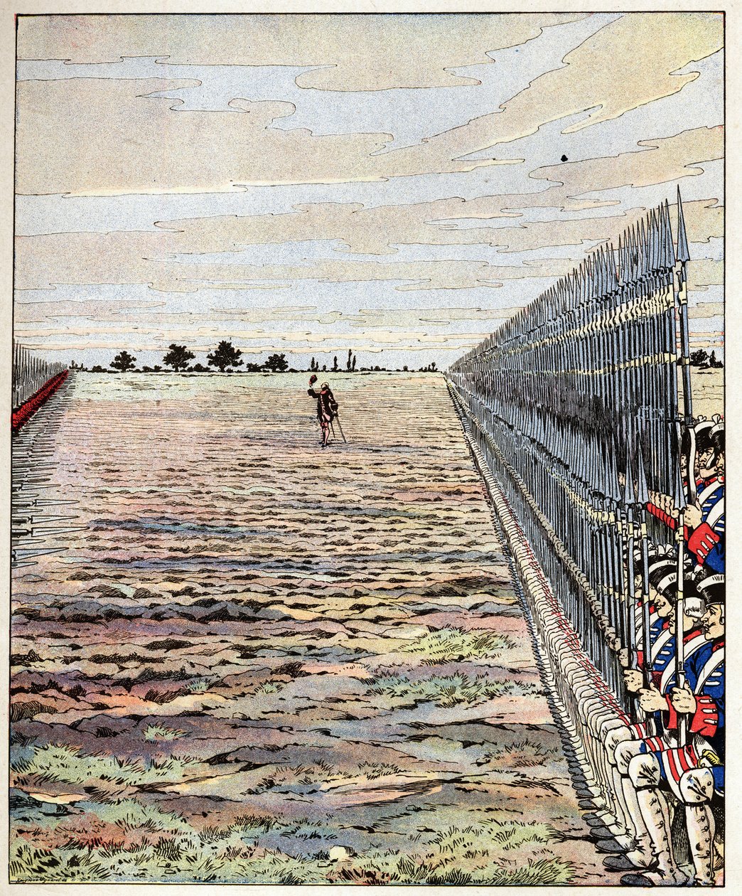 Zastrzel pierwsze, panowie angielskie słowa hrabiego Auteroche wypowiedziane w bitwie pod Fontenoy 11/05/1745 podczas wojny o sukcesję austriacką (1740-1748). Ilustracja Joba (Jacques Marie Gaston Onfray i Breville) (Jacques-Marie) (185 autorstwa pseudonym for Onfray de Breville Jacques Job