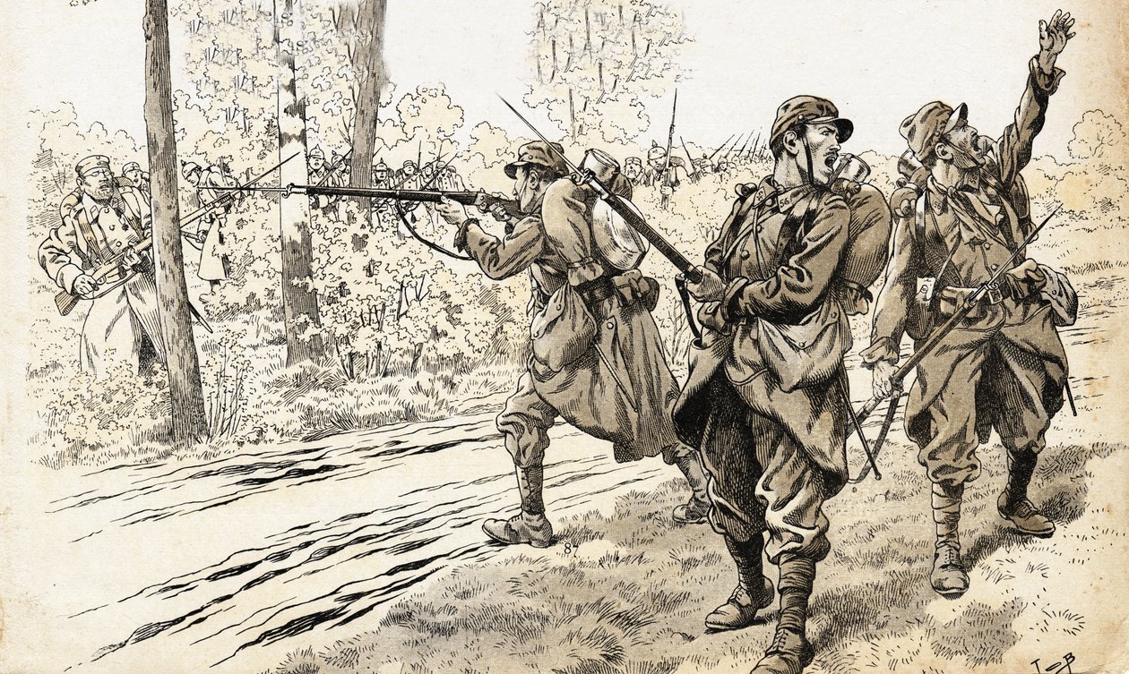 Zastrzel ich! Francuscy żołnierze wojny 1914-1918 wysłani na patrol, aby rozpoznać siłę i dokładną lokalizację wroga. Po odnalezieniu wojsk niemieckich wydali rozkaz strzelania, nie martwiąc się, że zostaną złapani między pożarami. Ilustracja Hioba (J autorstwa pseudonym for Onfray de Breville Jacques Job