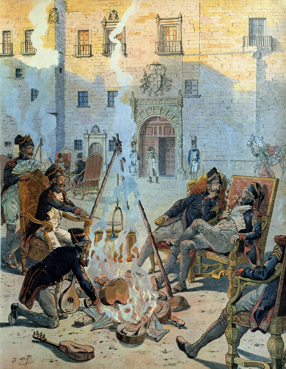 Wojna hiszpańska (1808-1813): Francuska armia Napoleona I Bonaparte (1769-1821) w Hiszpanii dobrze się bawi. W „”Napoleonie”” Georgesa Montorgueila. Ilustracja Jacques Marie Gaston Onfray de Breville dit JOB (1858-1931) autorstwa pseudonym for Onfray de Breville Jacques Job