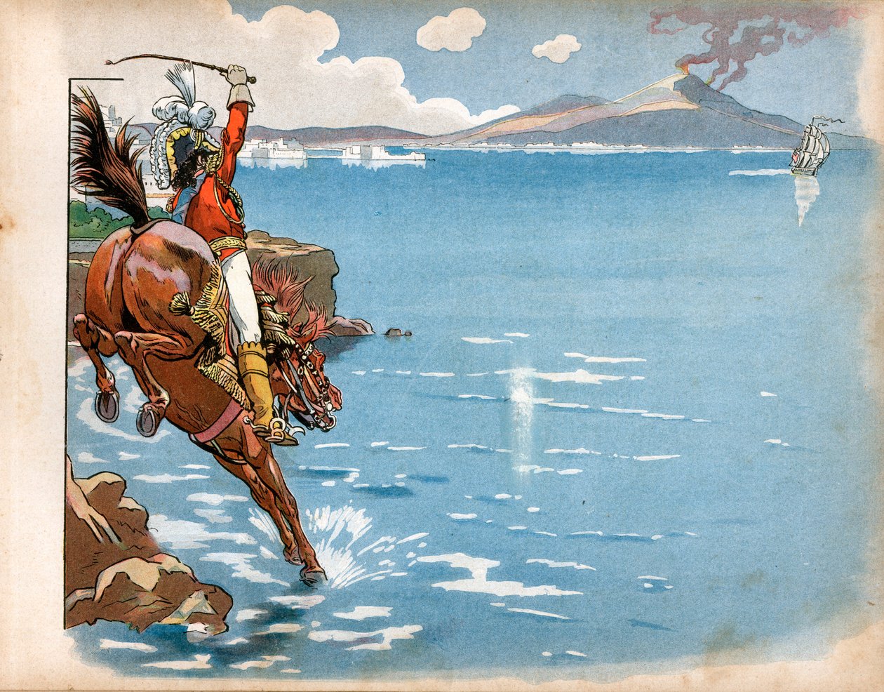 Anglicy jeździli u wybrzeży swojego stanu, a jadąc konno nad brzegiem morza, Joachim Murat (1767-1815), król Neapolu, zobaczył angielską fregatę, zepchnął konia do wody i zaszarżował. Grawerowanie: Jacques Marie Gaston Onfray de Breville autorstwa pseudonym for Onfray de Breville Jacques Job