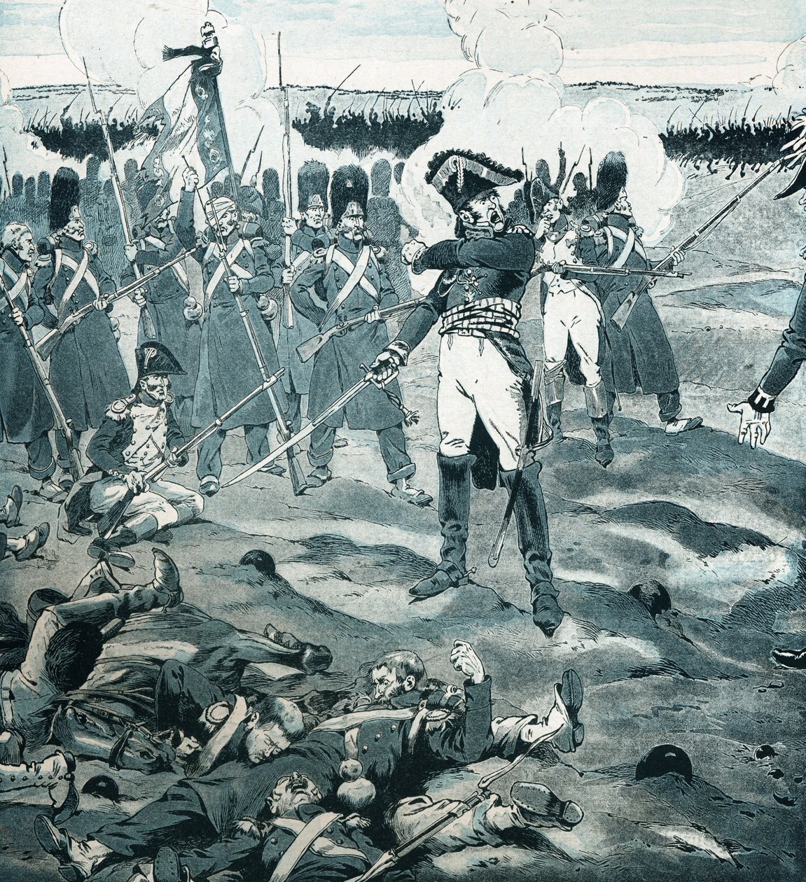 Strażnik zmarł, ale nie odpowiedział generałowi Cambronne (1770-1842) dowodzącemu ostatnim placem Garde, podczas gdy wróg poprosił armię francuską o poddanie się w bitwie pod Waterloo 18 czerwca 1815 r. Ilustracja Joba (Jacques Marie Gaston Onfray i Brevi autorstwa pseudonym for Onfray de Breville Jacques Job