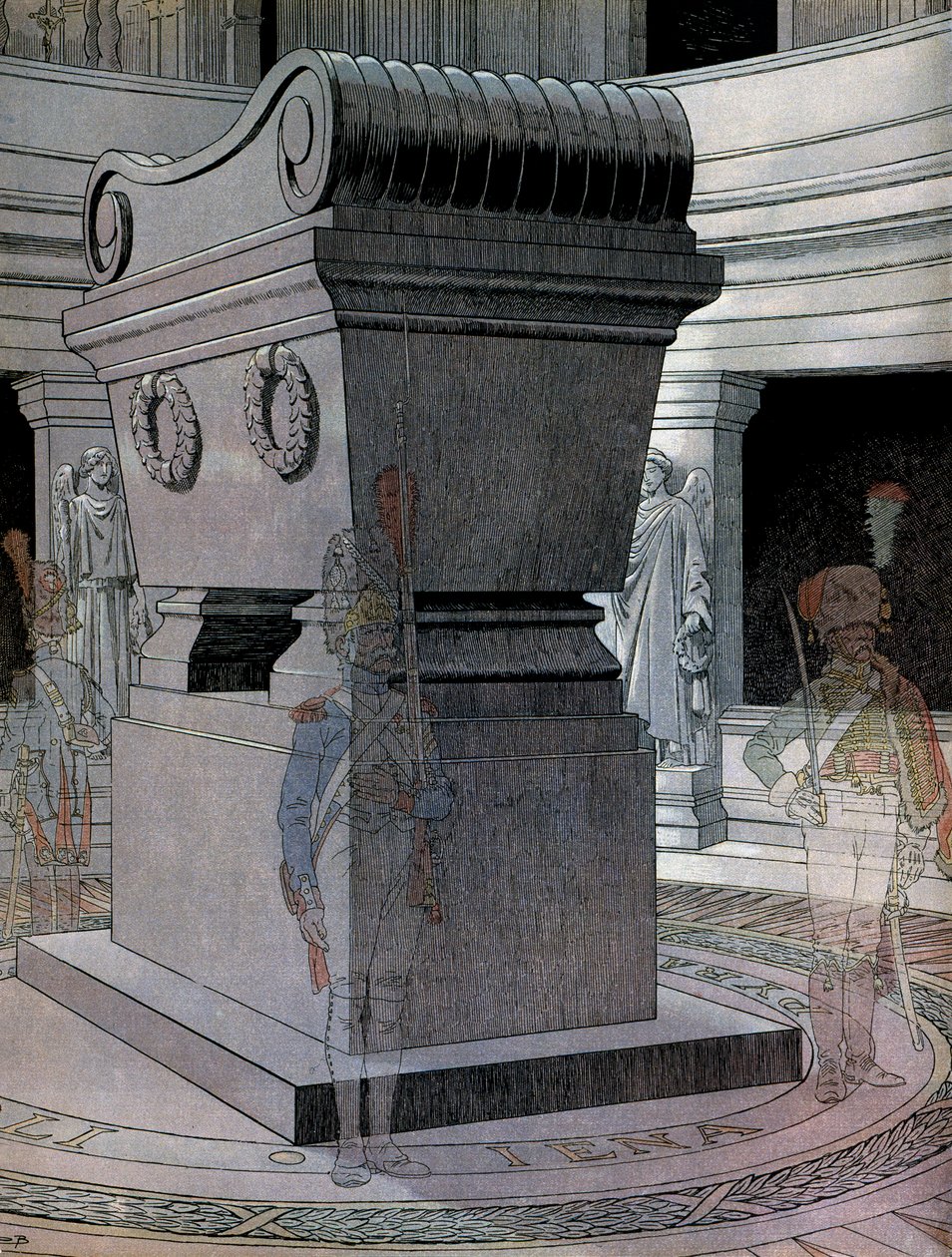 Grób cesarza Napoleona I Bonaparte (1769-1821) u Inwalidów ze strażnikami duchów. W „”Napoleonie”” Georgesa Montorgueila. Ilustracja Jacques Marie Gaston Onfray de Breville dit JOB (1858-1931) autorstwa pseudonym for Onfray de Breville Jacques Job