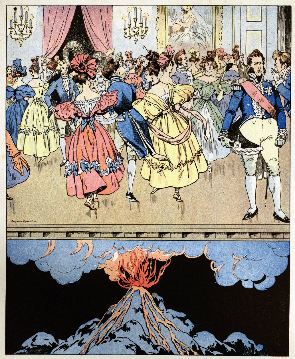 Tańczymy na wulkanie. Słowa hrabiego Narcisse Achille de Salvandy (1795-1856) przepowiadającego rewolucję trzech chwalebnych Ludwika Filipa I księcia Orleanu (Louis-Philippe autorstwa pseudonym for Onfray de Breville Jacques Job