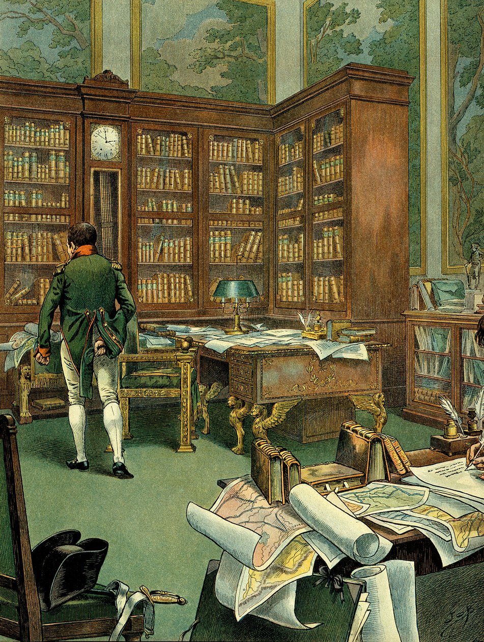 Gabinet roboczy Napoleona I Bonaparte (1769-1821) na pierwszym piętrze Palais des Tuileries, gdy był pierwszym konsulem. Biurko z biblioteką i zegarem zabudowanym w drewnie. Ilustracja Jacques Marie Gaston Onfray de Breville dit JOB (1858-1931). Prywatne C autorstwa pseudonym for Onfray de Breville Jacques Job