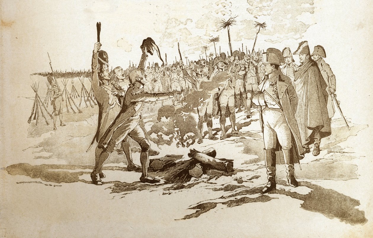 Nie będziesz musiał się narażać, przywieziemy Ci flagi i kanoniki grenadiera przed bitwą pod Austerlitz, kiedy na biwaki przybył Napoleon I Bonaparte (1769-1821). Ilustracja Joba (Jacques Marie Gaston Onfray i Breville) (Jacques- autorstwa pseudonym for Onfray de Breville Jacques Job