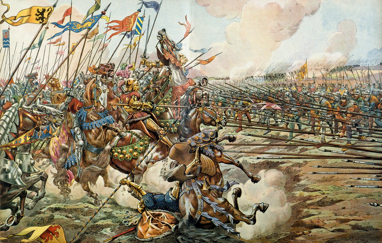 Bitwa pod wnukiem między Burgundami a Szwajcarami pod Grandson, Szwajcaria, 2 marca 1476 r. Ilustracja Jacques Marie Gaston Onfray de Breville dit JOB autorstwa pseudonym for Onfray de Breville Job