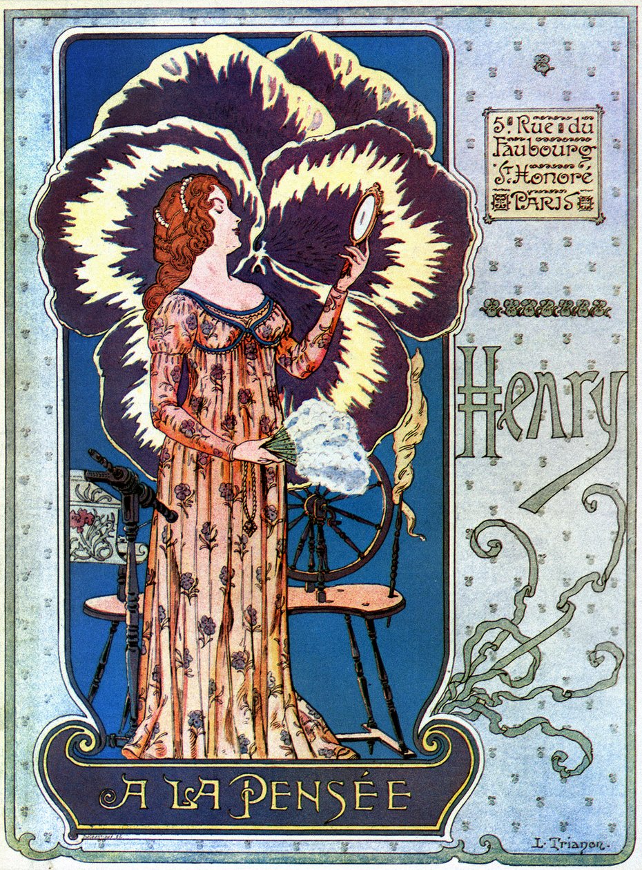 Art Nouveau: plakat reklamowy sklepu kosmetycznego „Henry a la Thought” w Paryżu. Młoda kobieta podziwia siebie w lustrze, za nią kwiat myśli. Ilustracja L. Trianona autorstwa pseudonym of Trinquier Louis Trinquier Trianon