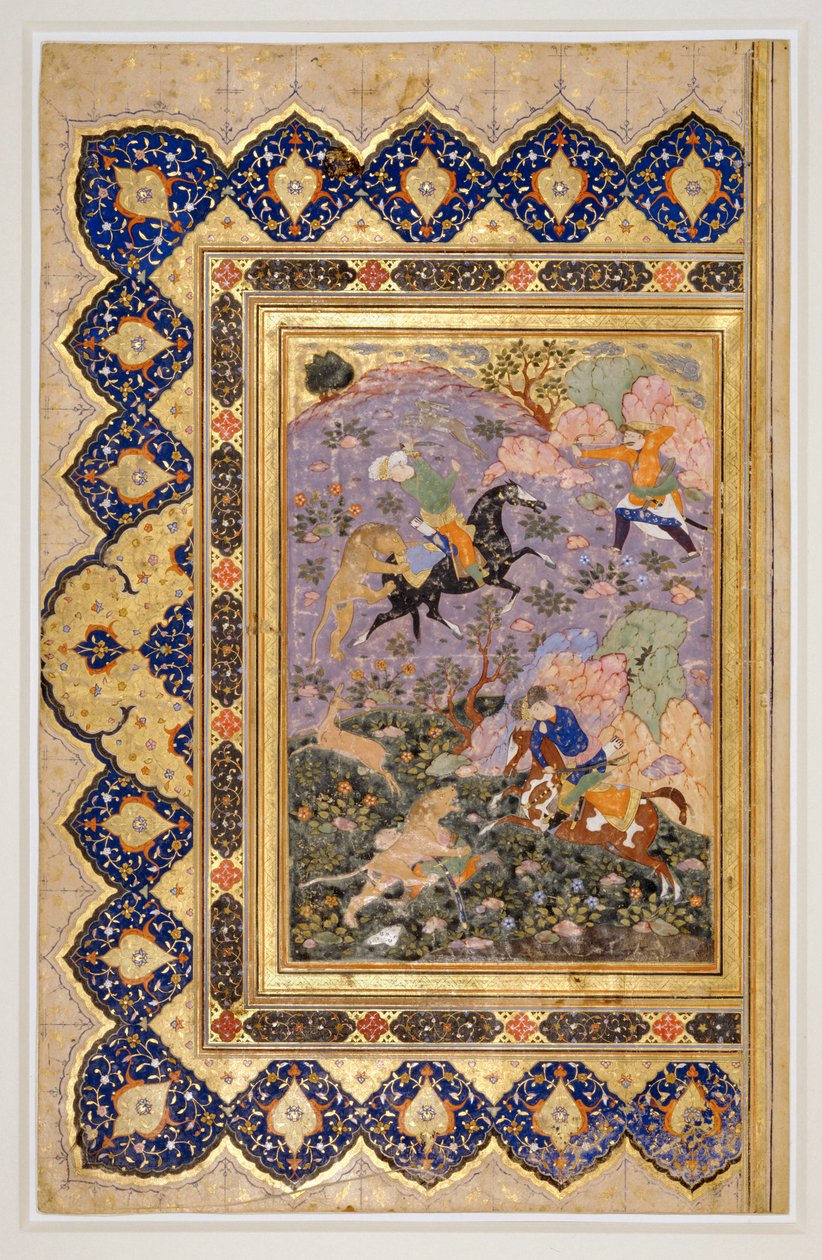Polowanie na dzikie zwierzęta, ok. 1540 (tusz, gwasz i złoto) autorstwa School Iranian