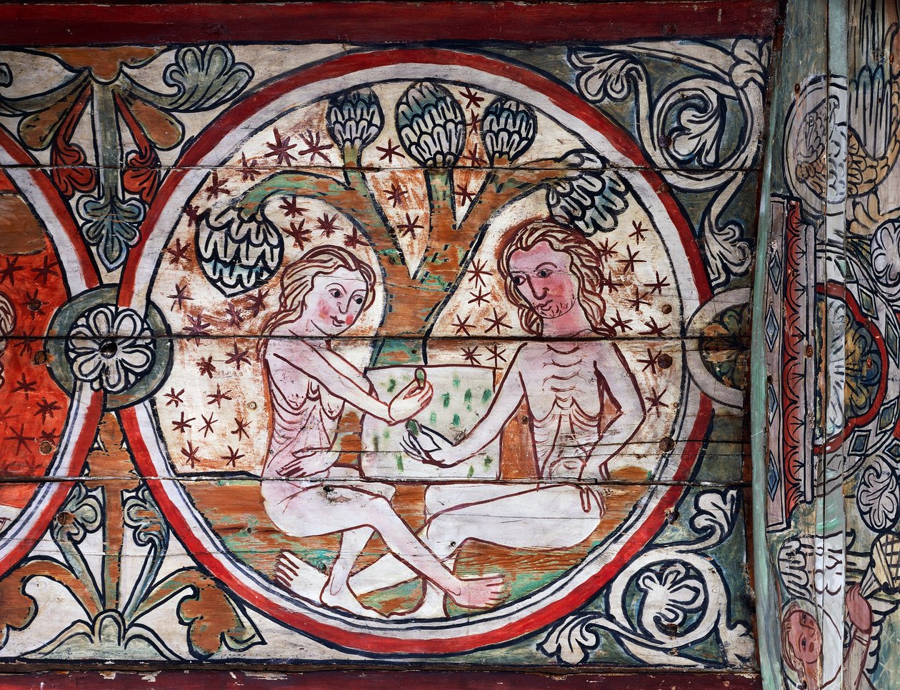 Adam i Ewa w Garden of Eden, dekoracja z Al Stavkirke, Norwegia (fresk) autorstwa school Scandinavian