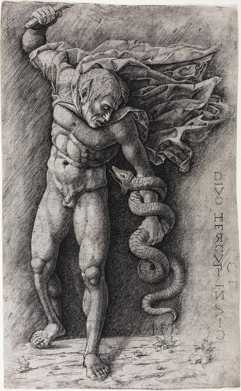 Faun atakujący węża autorstwa school of Andrea Mantegna