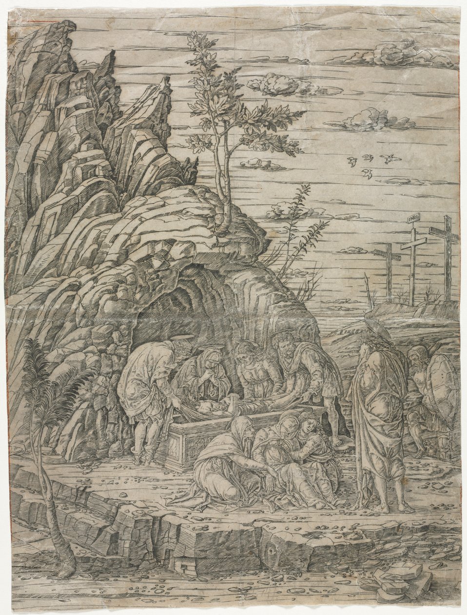 Złożenie do grobu z czterema ptakami autorstwa school of Andrea Mantegna
