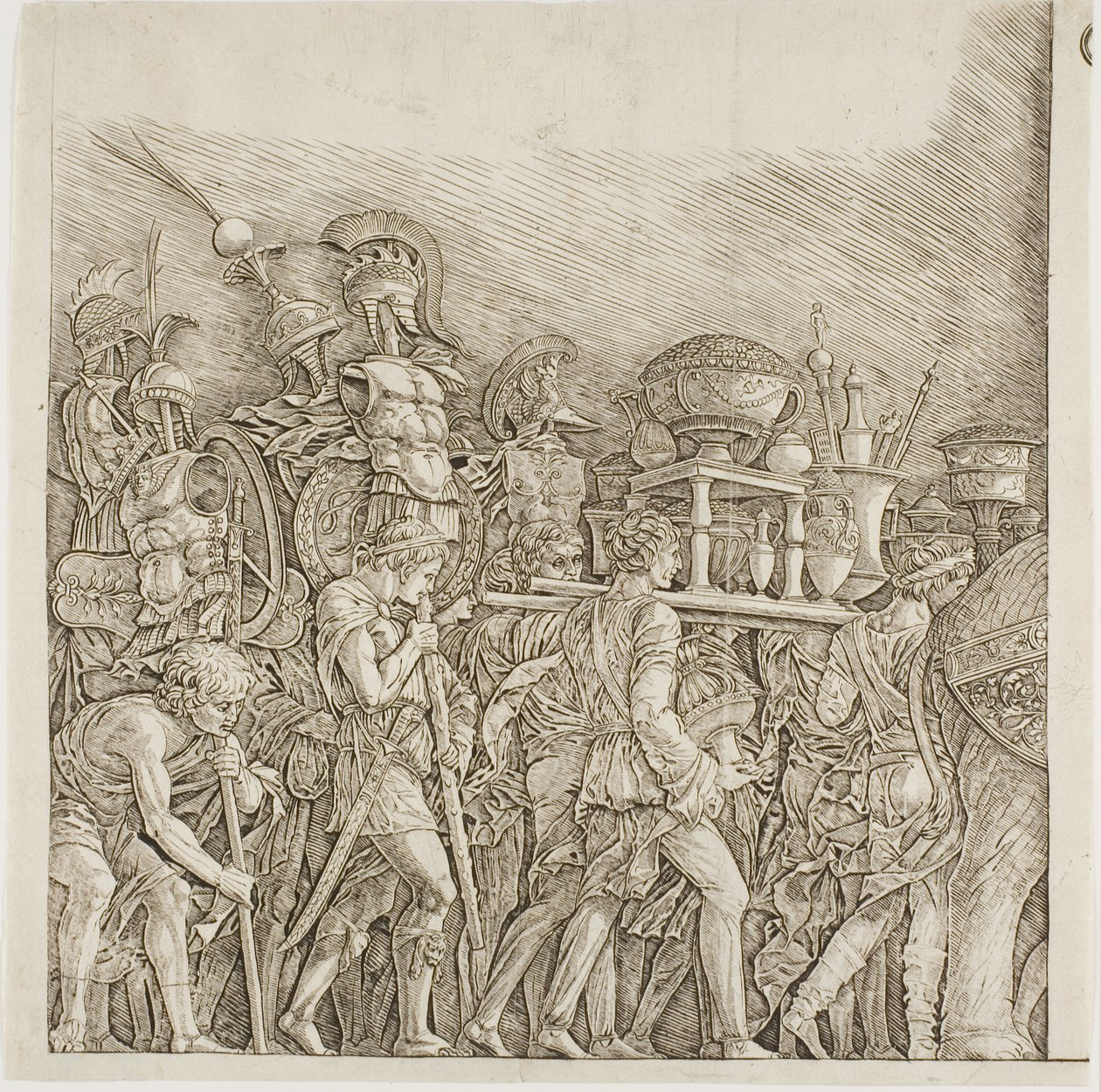 Triumf Cezara: Żołnierze niosący trofea autorstwa school of Andrea Mantegna