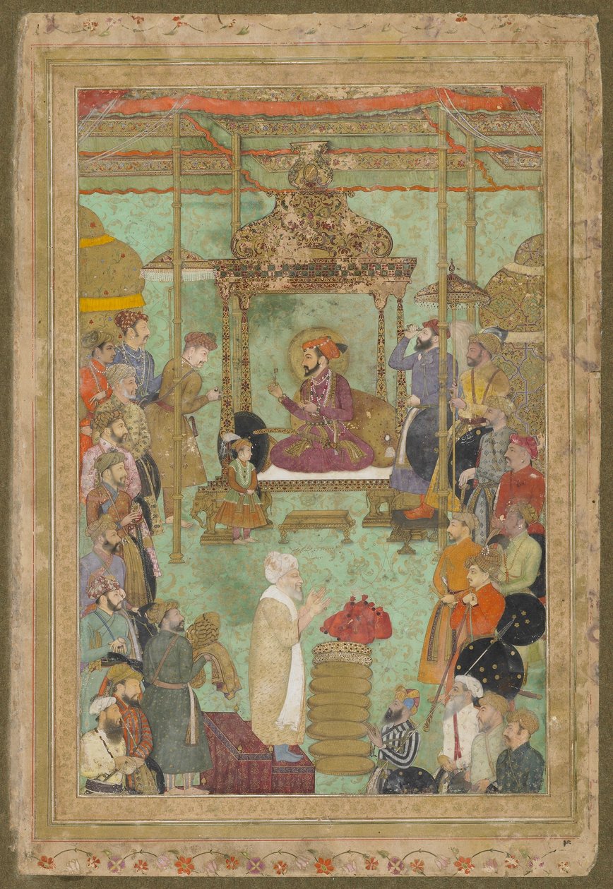 Szahdżahan na tronie z Mahabat Khanem i Szejkiem, „Padshahnama”, 1629-30 autorstwa son of Aqa Riza Abid