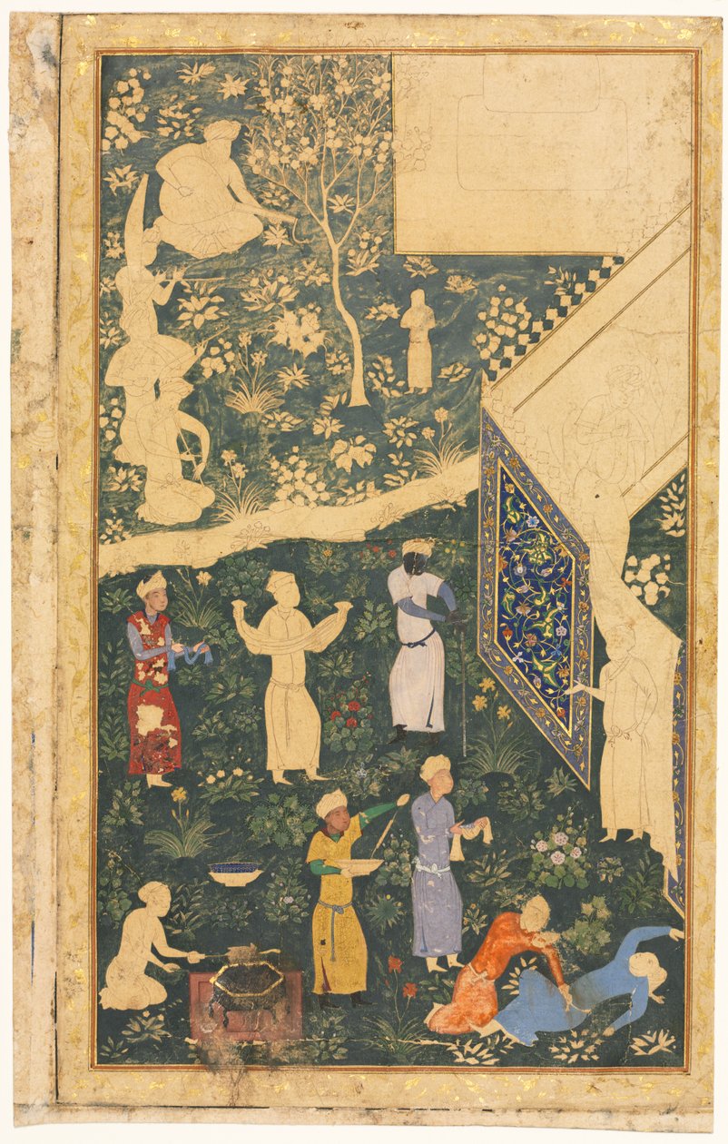 Lewa strona dwustronicowego folio albumu: Na zewnątrz Królewskiego Obozowiska (recto) autorstwa style of Bihzad
