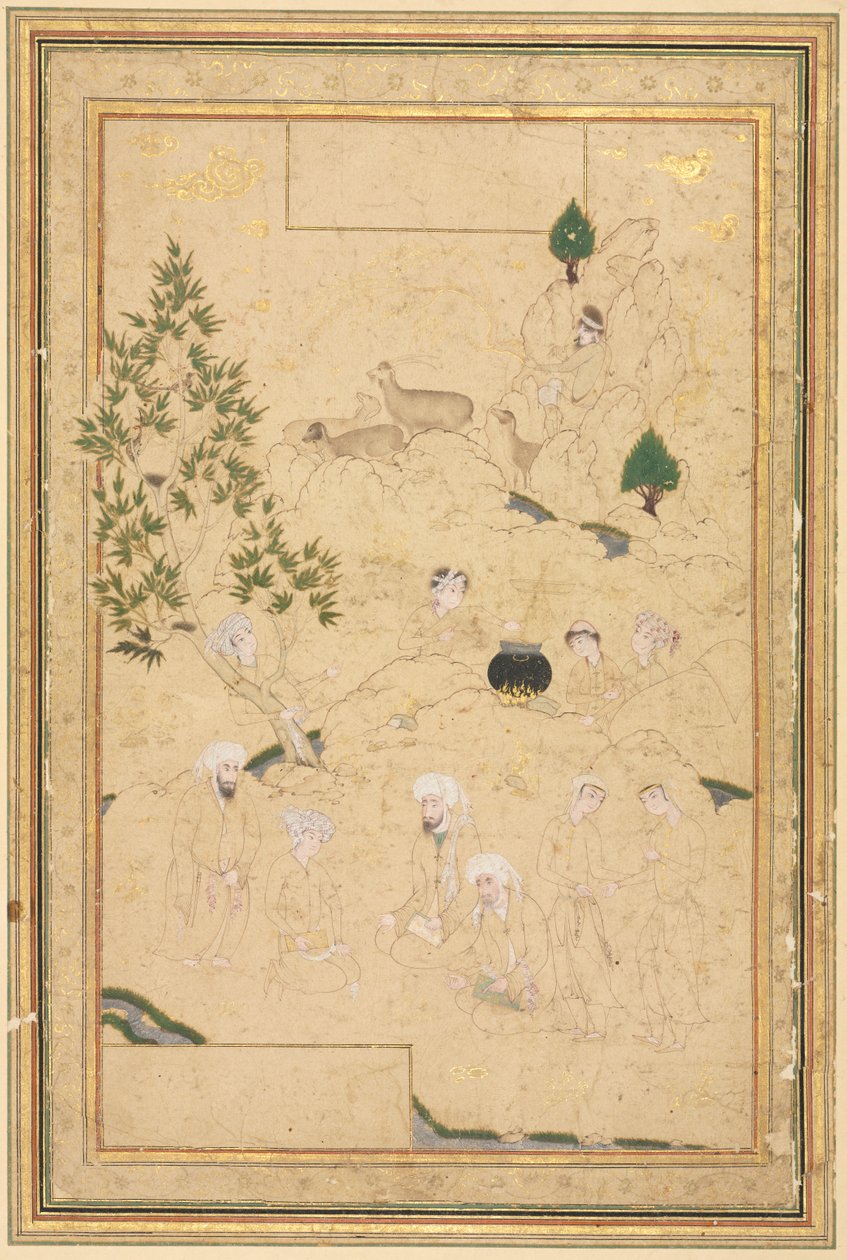 Piknik w Górach; Ilustracja na jednej stronie autorstwa style of Muhammadi
