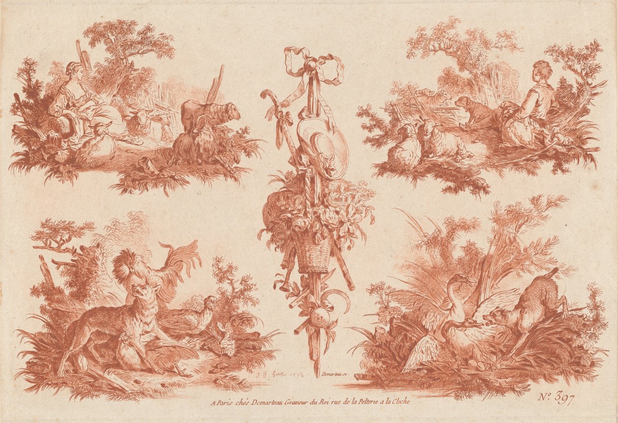 Dwie winiety pasterskie, dwie winiety myśliwskie i trofeum autorstwa the Elder and Jean Baptiste Hüet Gilles Demarteau