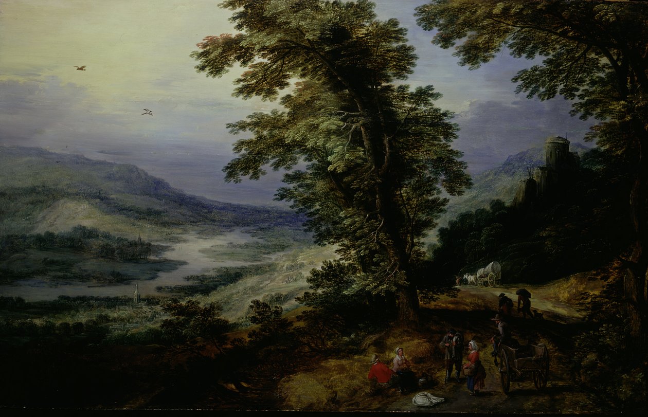 Górska droga z podróżnikami, ok. godz. 161025. autorstwa the younger Joos de Momper