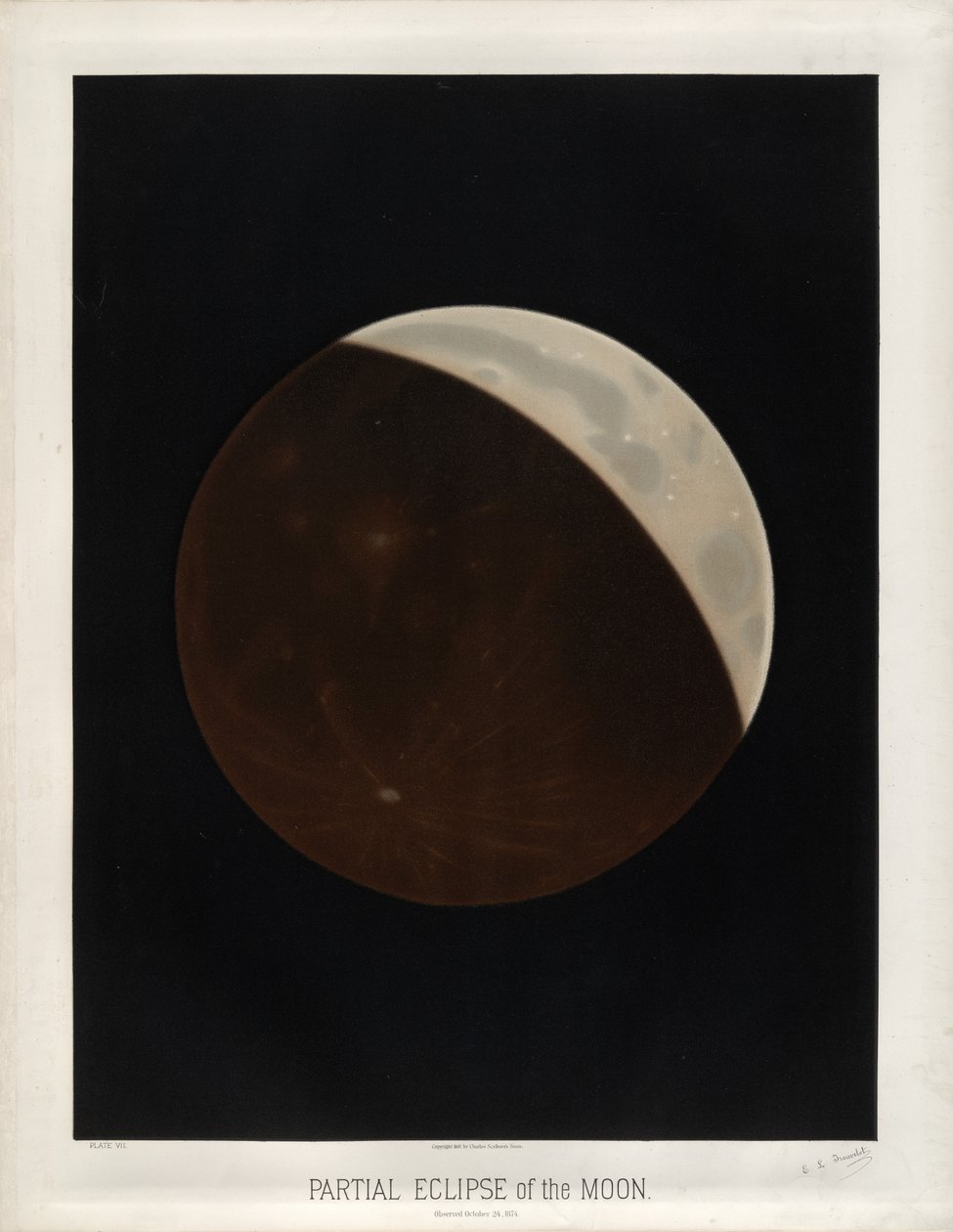 Częściowe zaćmienie księżyca. Obserwowany 24 października 1874. (Płyta VII rysunków astronomicznych Trouvelot 1881) autorstwa Étienne Léopold Trouvelot