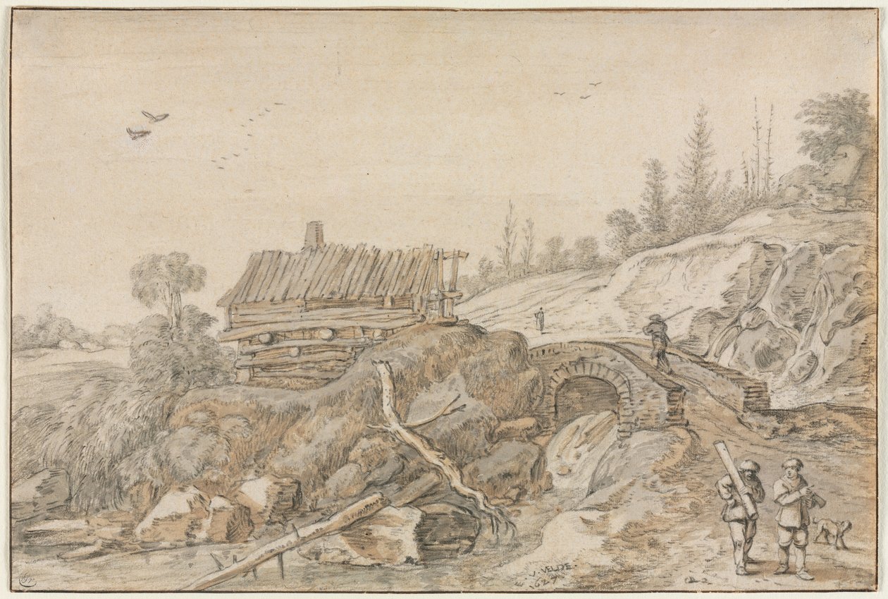 Pagórkowaty krajobraz z chatą nad strumieniem, 1627. autorstwa van de Velde Esaias