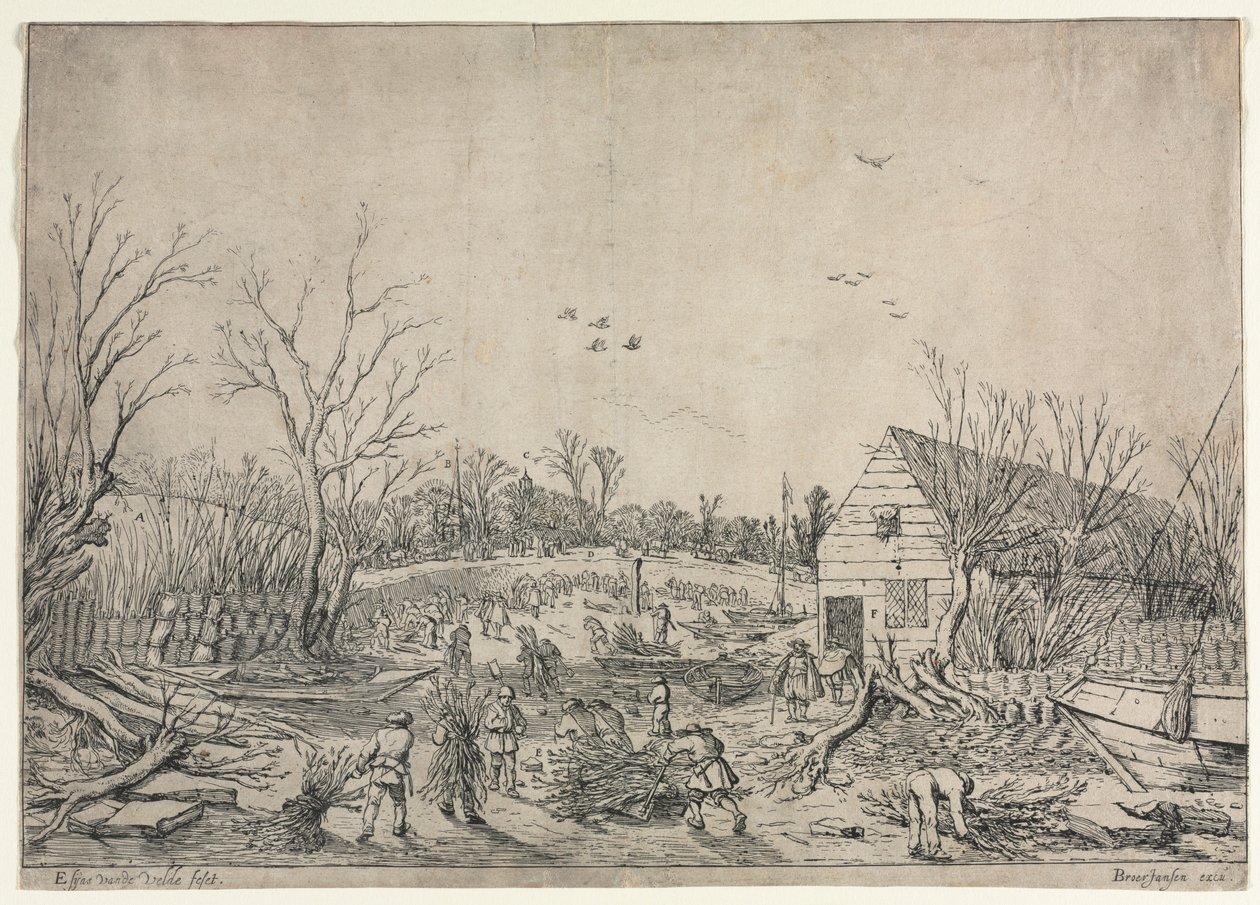 Wielka powódź z 10 stycznia 1624 lub naprawa zerwanej grobli na rzece Lek przez Vianena, 1624. autorstwa van de Velde Esaias