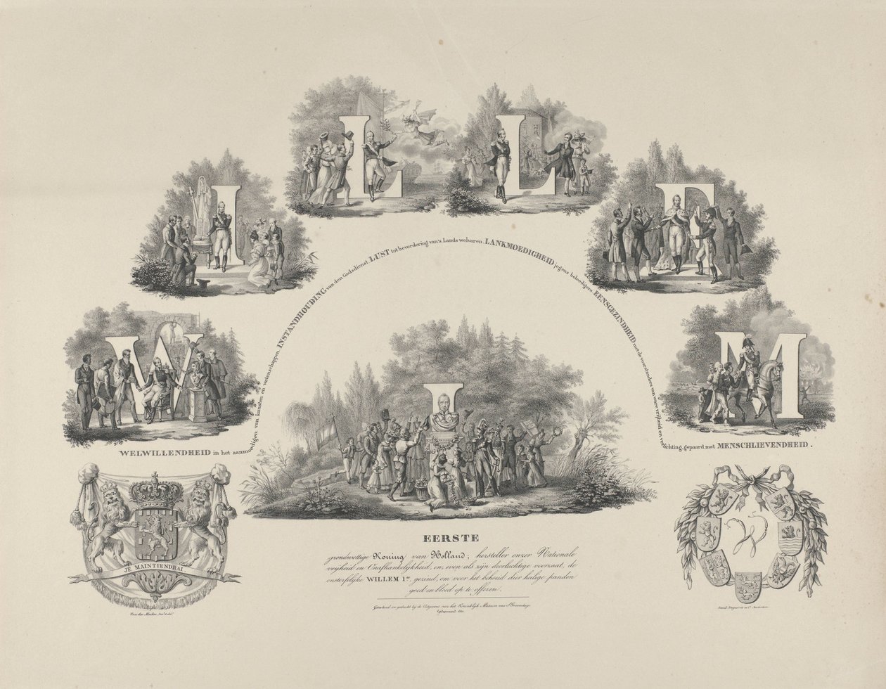 Alegoria cnót króla Wilhelma I, 1831 Wilhelm I Pierwszy Konstytucyjny Król Holandii, Odnowiciel naszej Narodowej Wolności i Niepodległości (...) (tytuł na obiekcie) autorstwa van der Meulen