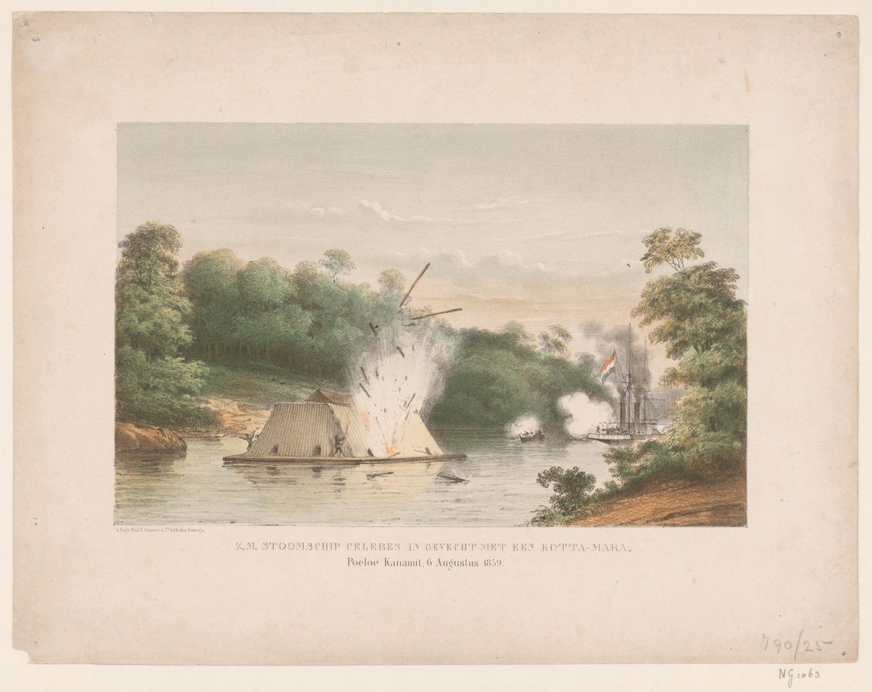 Z.M. Steamship Celebes w walce z kotta-marą. Poeloe Kanamit, 6 sierpnia 1859 (tytuł na obiekcie) autorstwa weduwe Elias Spanier and Zn