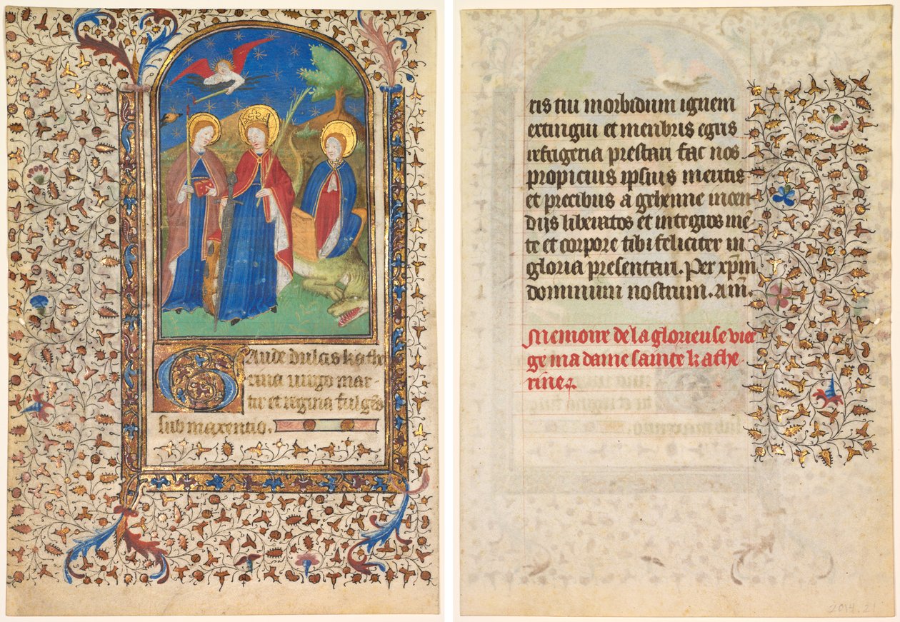 Kartka z Księgi Godzin: św. Geneviève, Katarzyna Aleksandryjska i Małgorzata (recto) i tekst (verso) autorstwa workshop of Boucicaut Master