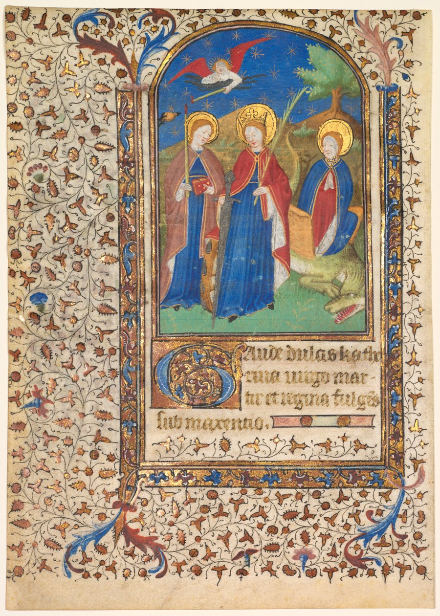 Kartka z Księgi Godzin: św. Geneviève, Katarzyna Aleksandryjska i Małgorzata (recto) autorstwa workshop of Boucicaut Master