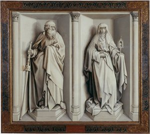 ""Wesele Dziewicy"" Verso Obraz na desce autorstwa Roberta Campina, znanego jako Mistrz Flemalle (1375-1444) 1420 Wymiary 0,77x0,88 m Madryt, Muzeum Prado --- Wesele Dziewicy. Obraz na drewnie autorstwa Roberta Campina znanego jako Mistrz Flemalle (1375- autorstwa Master of Flémalle