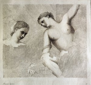 Postacie kobiece. W lewym dolnym rogu napis "Tiziano Dipinse". Rycina autorstwa Giorgio da Castelfranco znanego jako Giorgione (1476/1478-1510) Instytut Historii Sztuki, Florencja