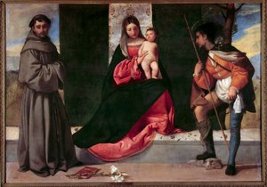 Dziewica z Dzieciątkiem między św. Antonim Padewskim a św. Rochem Obraz Giorgio Barbarelli da Castelfranco dit Giorgione (1477-1510). XVI w. niedz. 0,92x1,33 m Madryt, Muzeum Prado autorstwa Giorgione